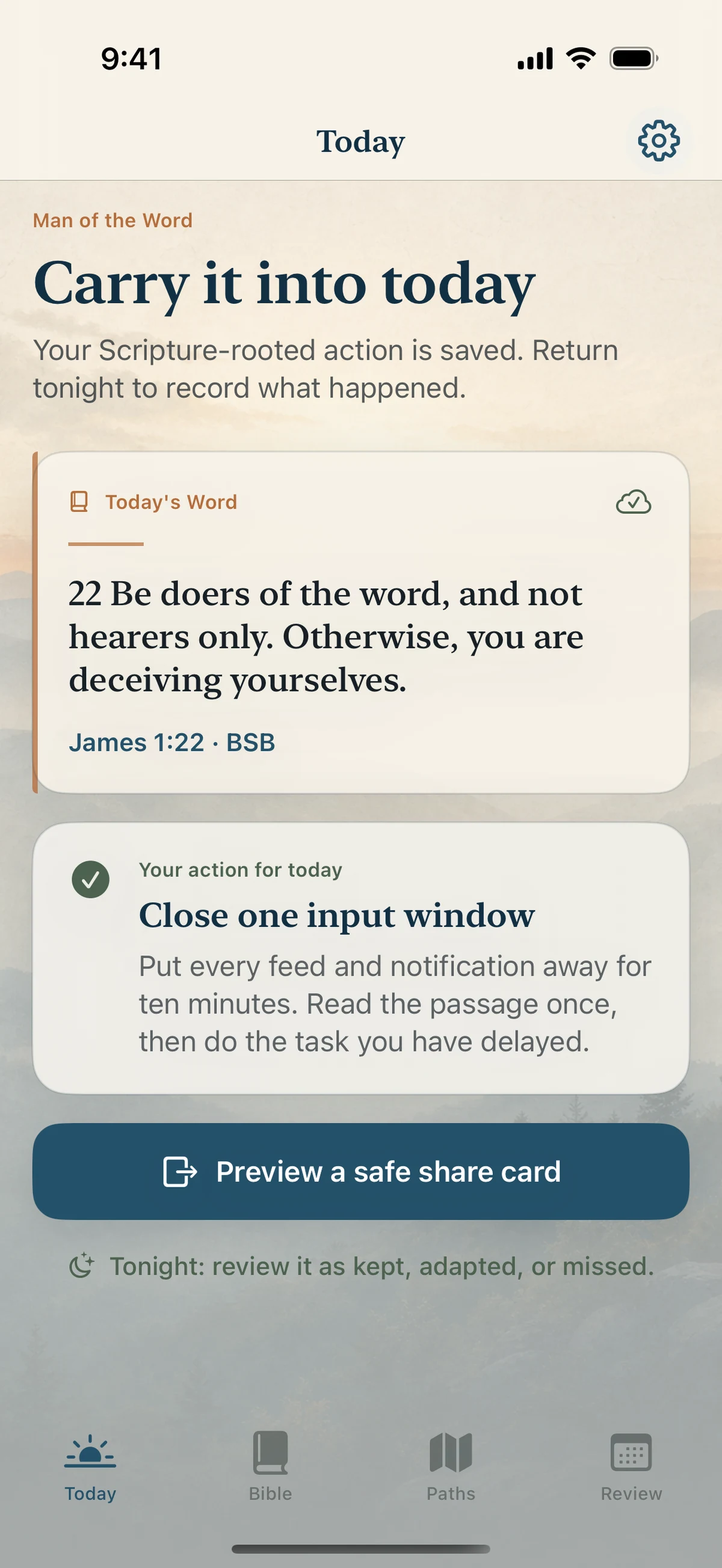 The Man of the Word Today screen showing a saved Scripture passage and practical action